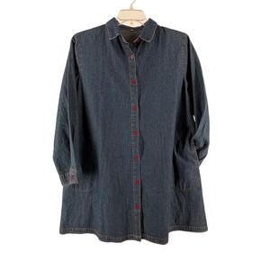 Vintage Mordenmiss Womens Lg Dk Wash Denim Shirt Dress Red Button Tunic Cotton